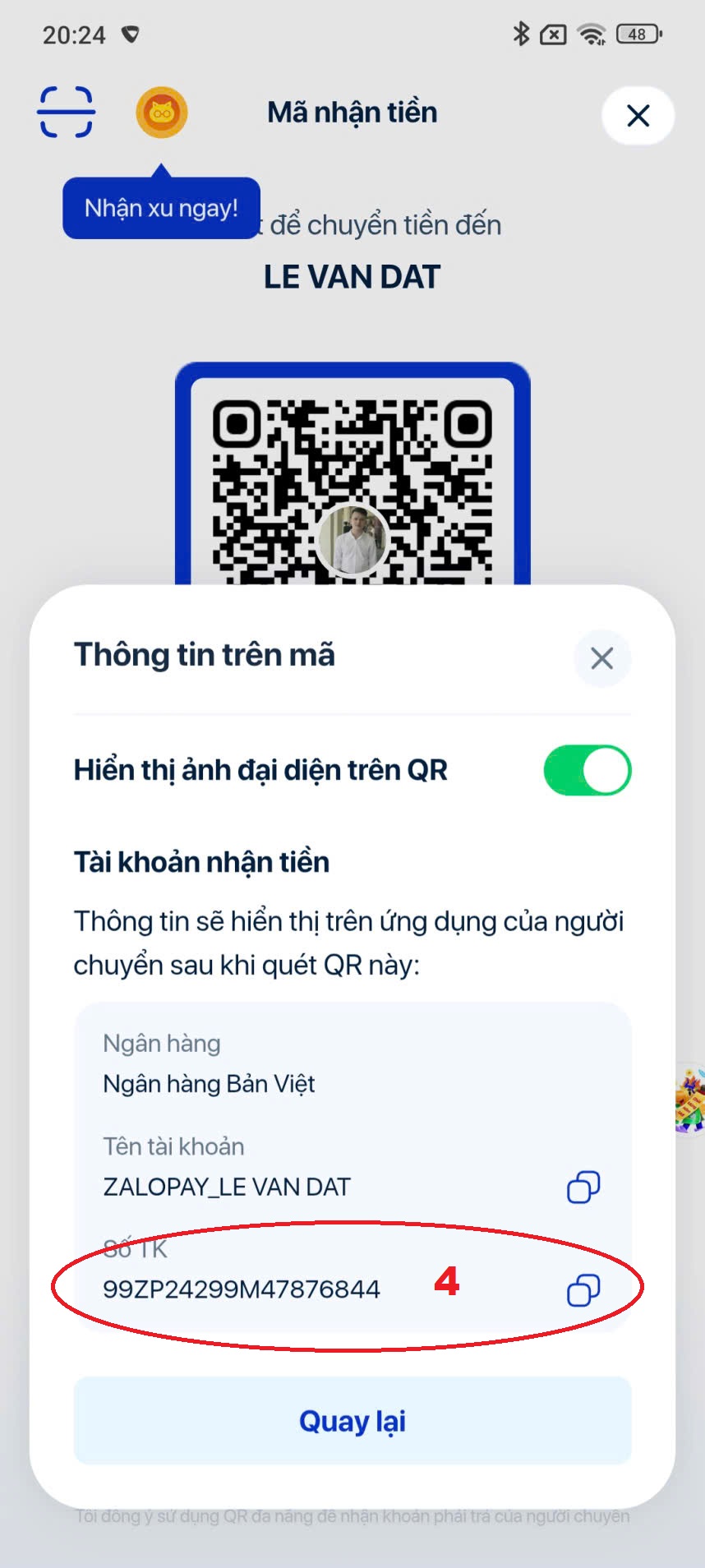 lấy số tài khoản zalo pay